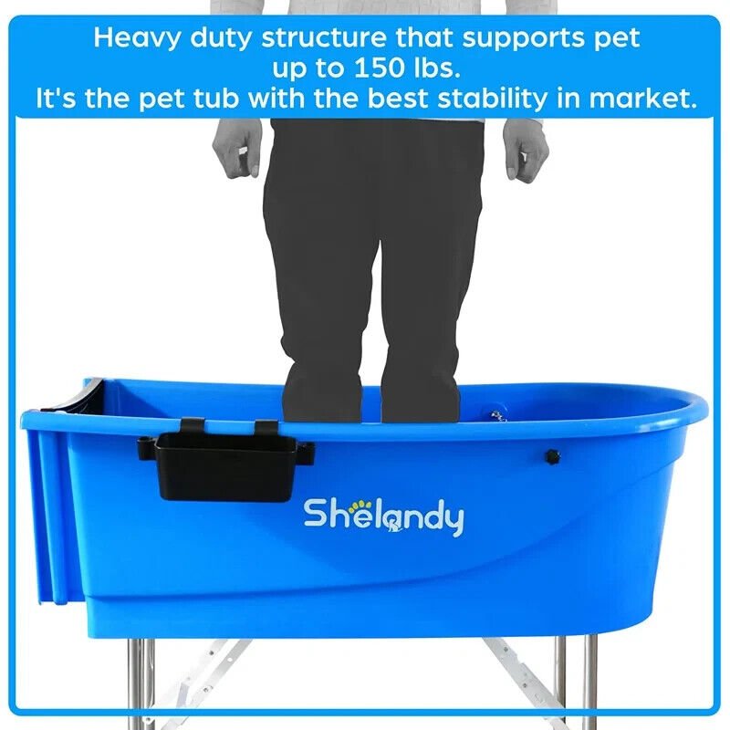 Golden retriever sitting in blue dog grooming tub
Foldable stainless steel leg wash station for dogs
Dog standing in grooming bathtub
Plastic tub with stainless legs folded for storage
Close-up view of tub interior and drainage area