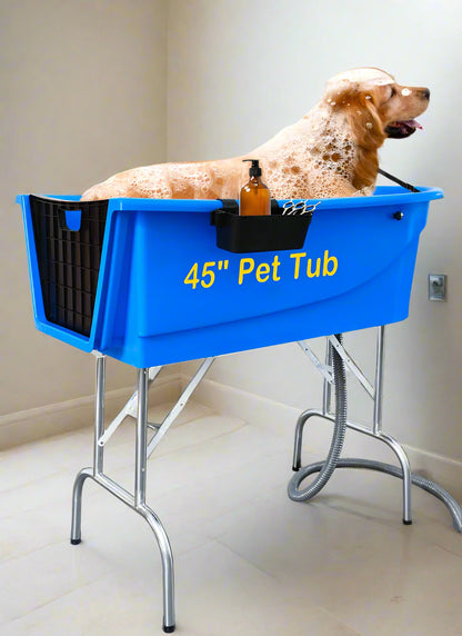 Golden retriever sitting in blue dog grooming tub
Foldable stainless steel leg wash station for dogs
Dog standing in grooming bathtub
Plastic tub with stainless legs folded for storage
Close-up view of tub interior and drainage area