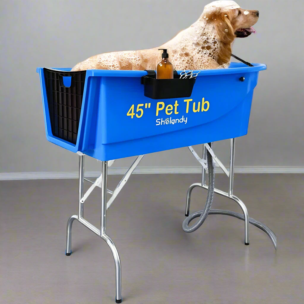 Golden retriever sitting in blue dog grooming tub
Foldable stainless steel leg wash station for dogs
Dog standing in grooming bathtub
Plastic tub with stainless legs folded for storage
Close-up view of tub interior and drainage area