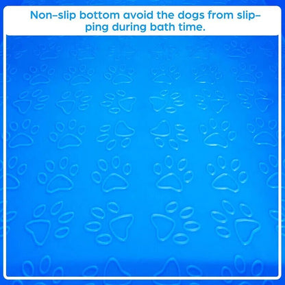 Golden retriever sitting in blue dog grooming tub
Foldable stainless steel leg wash station for dogs
Dog standing in grooming bathtub
Plastic tub with stainless legs folded for storage
Close-up view of tub interior and drainage area