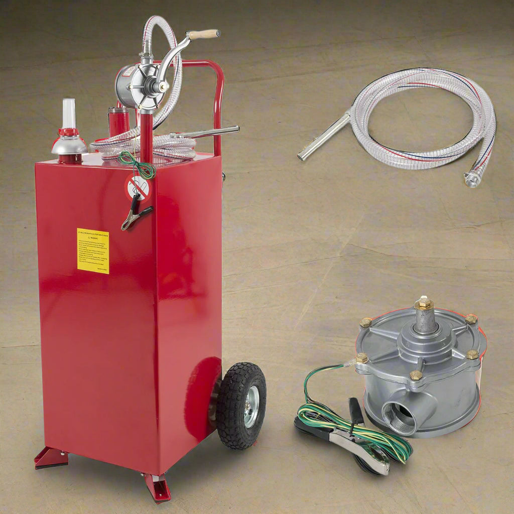 30-Gallon Fuel Transfer Tank – Full View with Manual Pump and Wheels
Gas Caddy with Manual Rotary Pump and 8-Foot Hose – Red Tank
Steel Fuel Caddy – Fuel Gauge and Discharge Hose Close-Up
Heavy-Duty Fuel Transfer Tank – Handle, Wheel, and Pump Detail
Portable Fuel Storage Tank – Rear View Showing Ground Wire and Hose
Manual Fuel Pump System – All Components Displayed