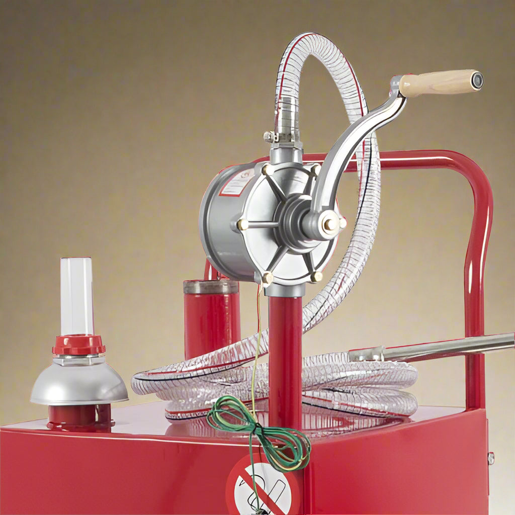 30-Gallon Fuel Transfer Tank – Full View with Manual Pump and Wheels
Gas Caddy with Manual Rotary Pump and 8-Foot Hose – Red Tank
Steel Fuel Caddy – Fuel Gauge and Discharge Hose Close-Up
Heavy-Duty Fuel Transfer Tank – Handle, Wheel, and Pump Detail
Portable Fuel Storage Tank – Rear View Showing Ground Wire and Hose
Manual Fuel Pump System – All Components Displayed