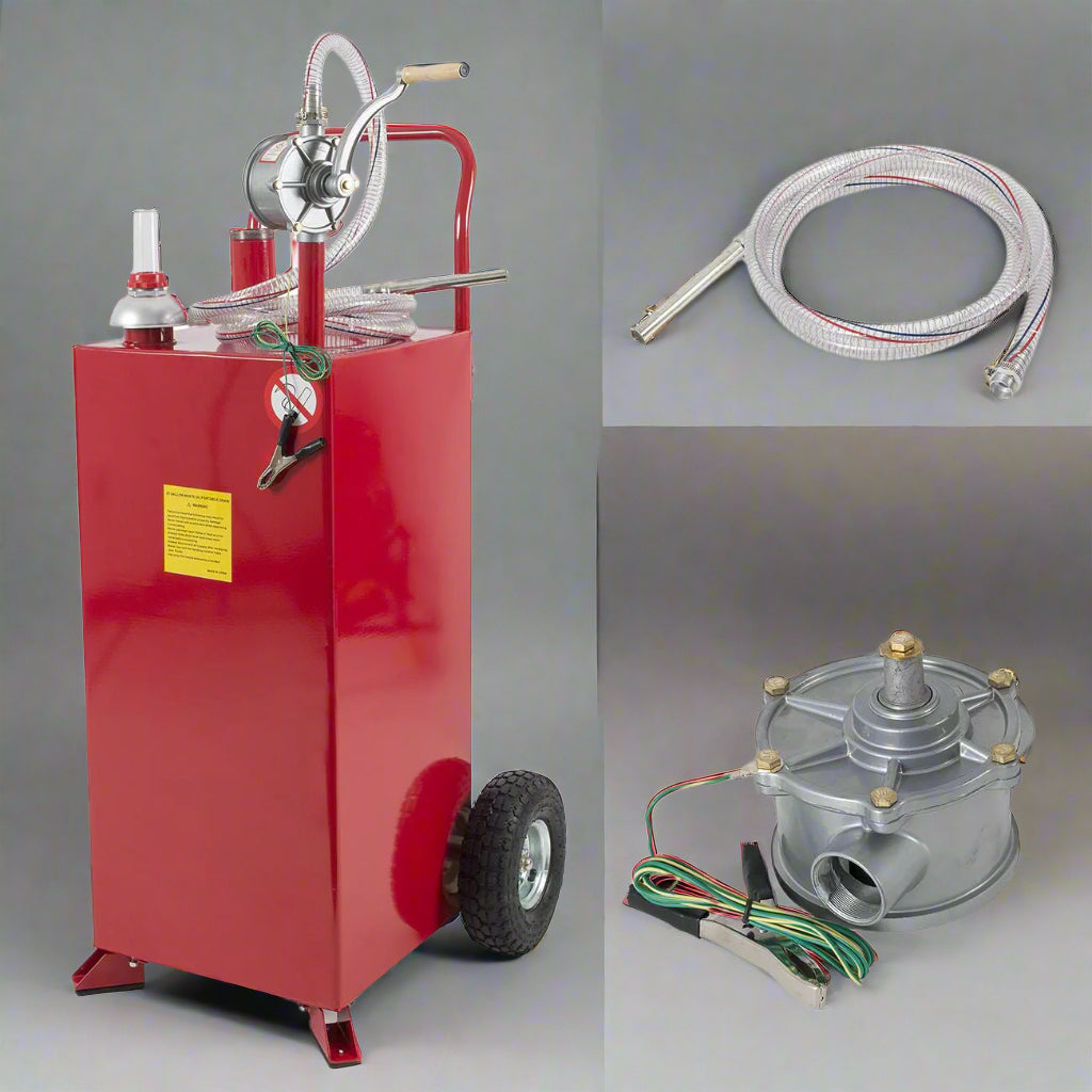 30-Gallon Fuel Transfer Tank – Full View with Manual Pump and Wheels
Gas Caddy with Manual Rotary Pump and 8-Foot Hose – Red Tank
Steel Fuel Caddy – Fuel Gauge and Discharge Hose Close-Up
Heavy-Duty Fuel Transfer Tank – Handle, Wheel, and Pump Detail
Portable Fuel Storage Tank – Rear View Showing Ground Wire and Hose
Manual Fuel Pump System – All Components Displayed