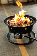 52,000 BTU propane fire pit with lava rocks burning

portable camping fire pit with BBQ grill top

outdoor propane fire pit kit with hose and stand

black fire pit for patio and tailgate cooking

propane gas fire pit with included lava rocks