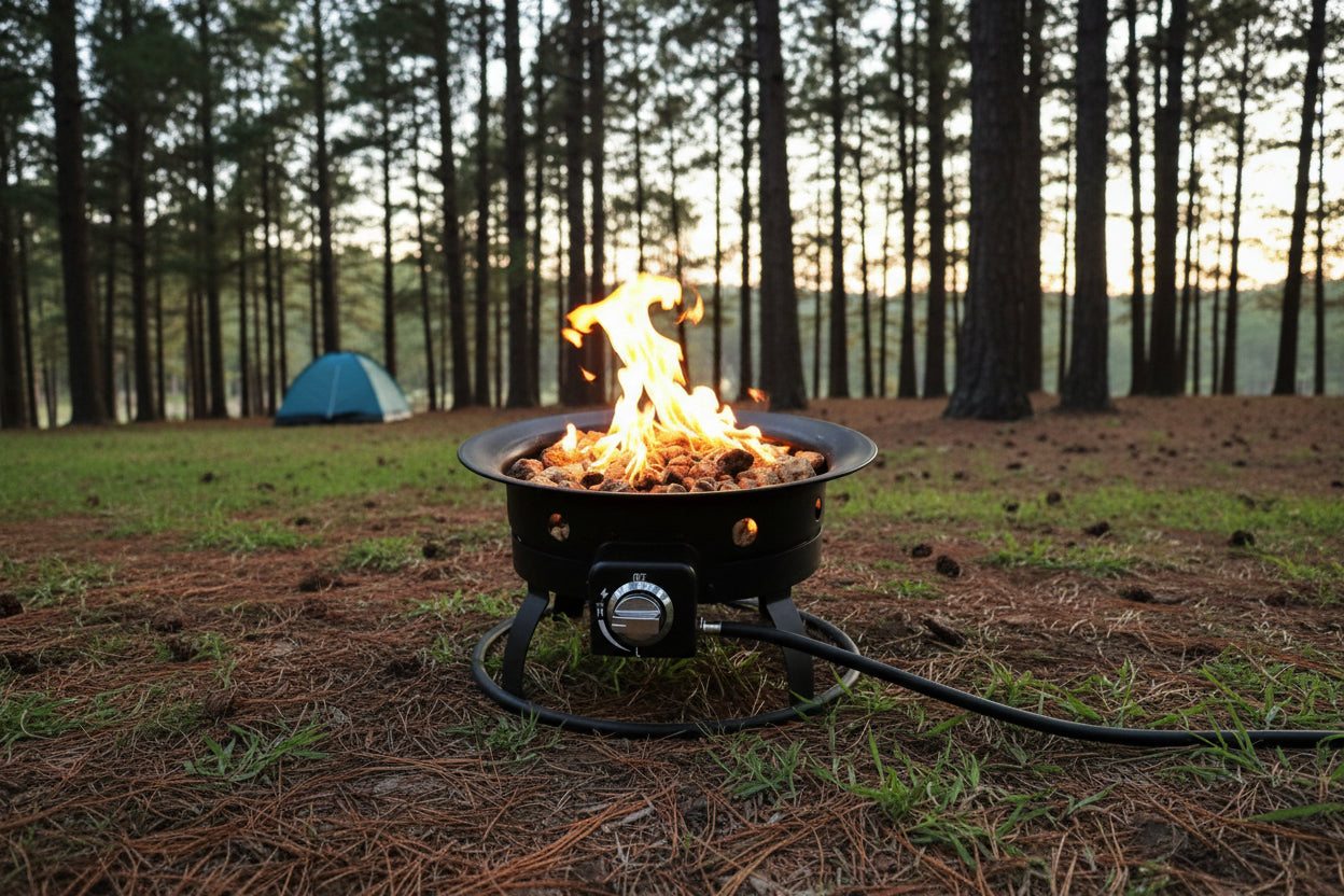 52,000 BTU propane fire pit with lava rocks burning

portable camping fire pit with BBQ grill top

outdoor propane fire pit kit with hose and stand

black fire pit for patio and tailgate cooking

propane gas fire pit with included lava rocks