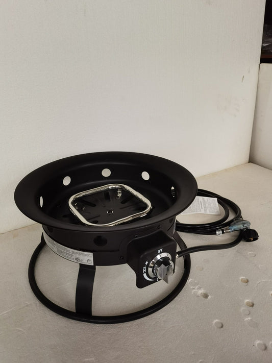 52,000 BTU propane fire pit with lava rocks burning

portable camping fire pit with BBQ grill top

outdoor propane fire pit kit with hose and stand

black fire pit for patio and tailgate cooking

propane gas fire pit with included lava rocks