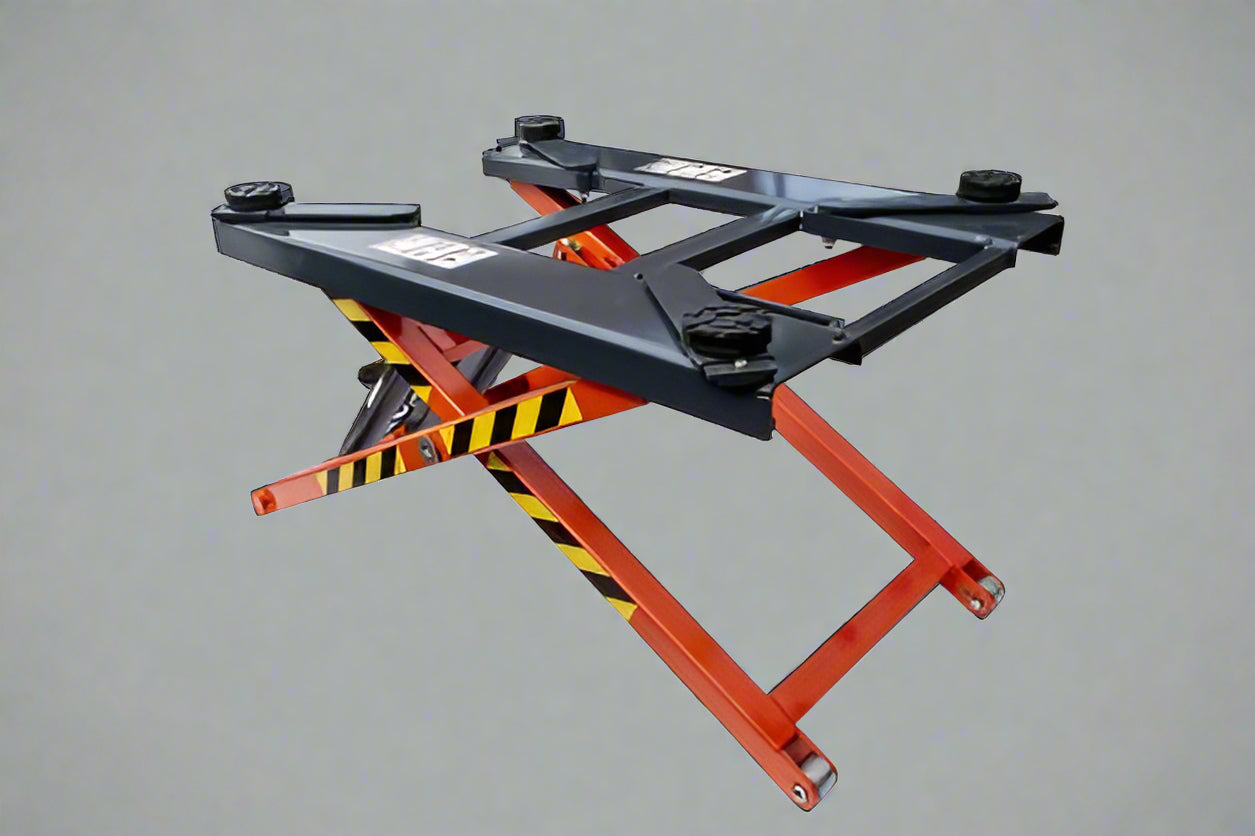 “Portable 6,000 lb automotive scissor lift with orange hydraulic frame”

“Hydraulic car hoist platform for lifting vehicles in garages”

“Mobile scissor lift for auto repair and maintenance tasks”