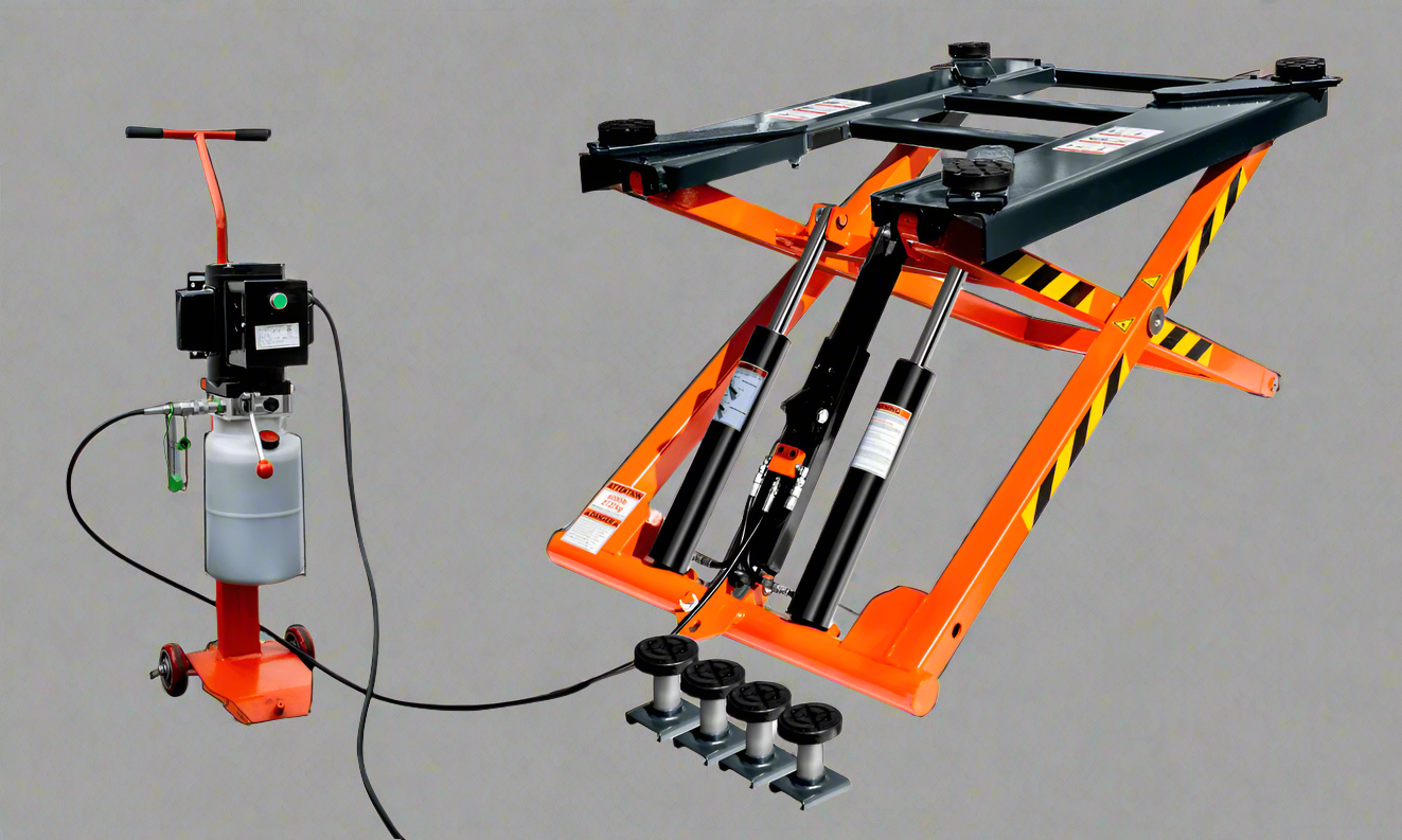 “Portable 6,000 lb automotive scissor lift with orange hydraulic frame”

“Hydraulic car hoist platform for lifting vehicles in garages”

“Mobile scissor lift for auto repair and maintenance tasks”