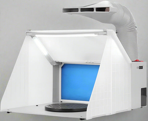 Portable airbrush spray booth with LED light and turntable
Foldable hobby spray booth with exhaust hose
Airbrush spray station for models and crafts