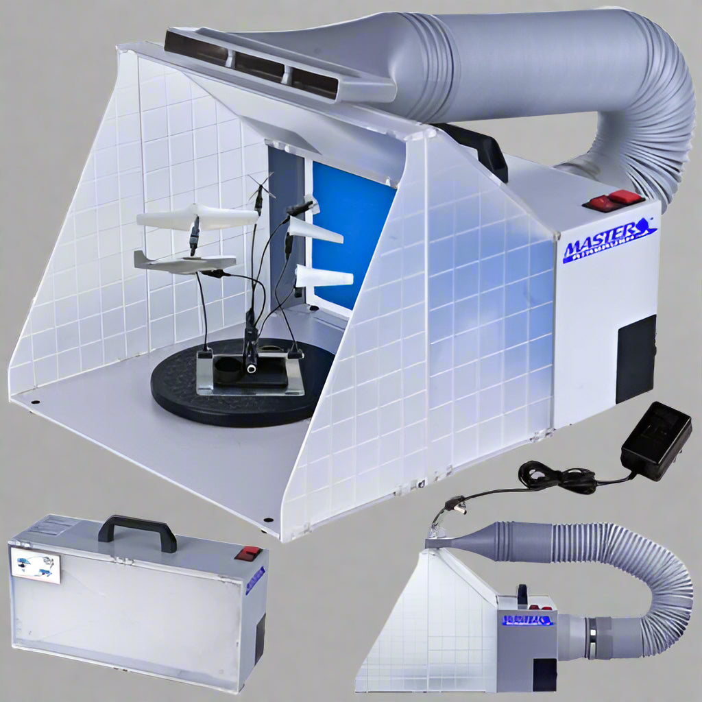 Portable airbrush spray booth with LED light and turntable
Foldable hobby spray booth with exhaust hose
Airbrush spray station for models and crafts