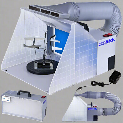 Portable airbrush spray booth with LED light and turntable
Foldable hobby spray booth with exhaust hose
Airbrush spray station for models and crafts