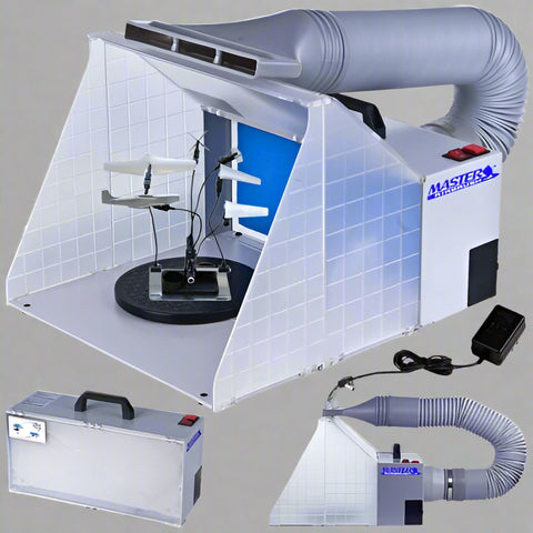 Portable airbrush spray booth with LED light and turntable
Foldable hobby spray booth with exhaust hose
Airbrush spray station for models and crafts