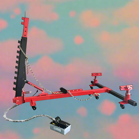 Portable 10-ton auto body frame puller red model F1000 side view

Complete auto frame straightening set with air pump hose and coupler

L-shaped frame puller tool setup for body shop repair

Pneumatic pump connected to vehicle frame puller in garage

Heavy-duty red portable frame puller with control handle F1000