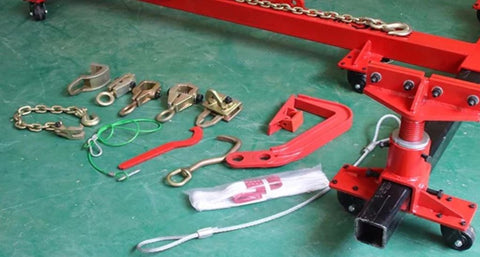 Portable 10-ton auto body frame puller red model F1000 side view

Complete auto frame straightening set with air pump hose and coupler

L-shaped frame puller tool setup for body shop repair

Pneumatic pump connected to vehicle frame puller in garage

Heavy-duty red portable frame puller with control handle F1000