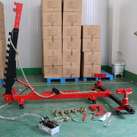 Portable 10-ton auto body frame puller red model F1000 side view

Complete auto frame straightening set with air pump hose and coupler

L-shaped frame puller tool setup for body shop repair

Pneumatic pump connected to vehicle frame puller in garage

Heavy-duty red portable frame puller with control handle F1000