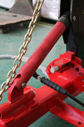Portable 10-ton auto body frame puller red model F1000 side view

Complete auto frame straightening set with air pump hose and coupler

L-shaped frame puller tool setup for body shop repair

Pneumatic pump connected to vehicle frame puller in garage

Heavy-duty red portable frame puller with control handle F1000
