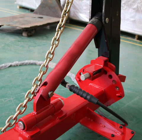 Portable 10-ton auto body frame puller red model F1000 side view

Complete auto frame straightening set with air pump hose and coupler

L-shaped frame puller tool setup for body shop repair

Pneumatic pump connected to vehicle frame puller in garage

Heavy-duty red portable frame puller with control handle F1000