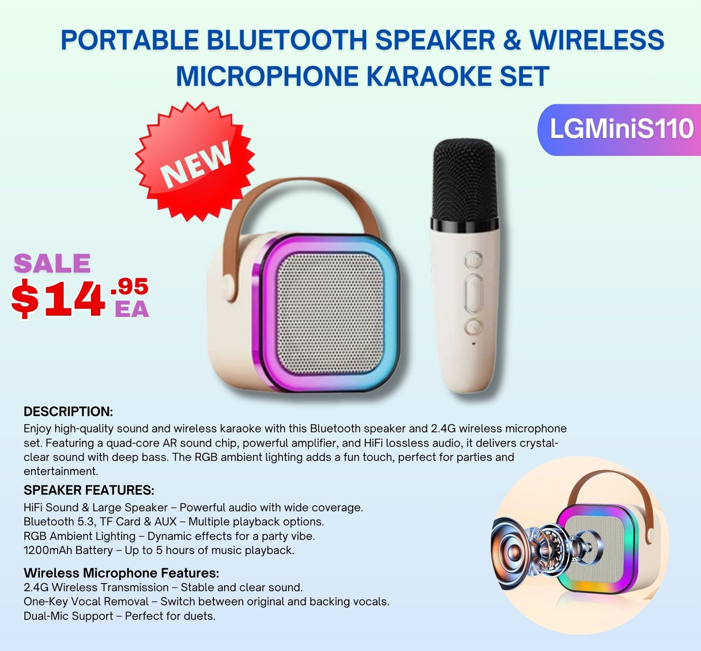 "Portable Bluetooth Karaoke Speaker with RGB Lights"

"Wireless Karaoke Speaker Set with Microphone"

"HiFi Audio Bluetooth Speaker for Party and Events"

"Rechargeable Karaoke Speaker with Dual Mic Support"

"RGB Light Show Bluetooth Karaoke System for Kids and Adults"