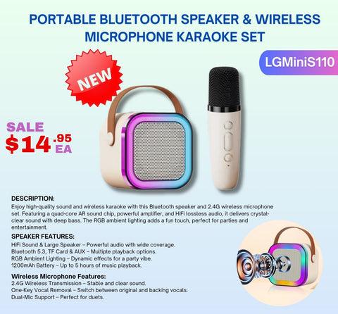 "Portable Bluetooth Karaoke Speaker with RGB Lights"

"Wireless Karaoke Speaker Set with Microphone"

"HiFi Audio Bluetooth Speaker for Party and Events"

"Rechargeable Karaoke Speaker with Dual Mic Support"

"RGB Light Show Bluetooth Karaoke System for Kids and Adults"