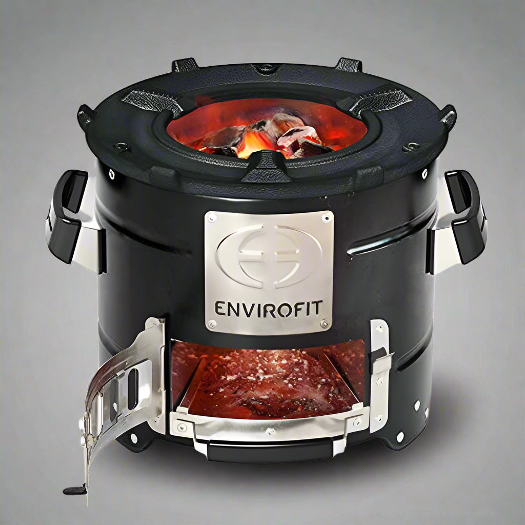 Portable charcoal stove for outdoor cooking

Compact camping stove for wood or charcoal

Lightweight stove in backyard grill setup

Charcoal-burning camp stove in use

Dual-fuel stove with steel body design