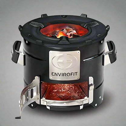 Portable charcoal stove for outdoor cooking

Compact camping stove for wood or charcoal

Lightweight stove in backyard grill setup

Charcoal-burning camp stove in use

Dual-fuel stove with steel body design