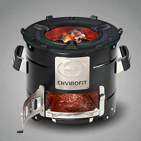 Portable charcoal stove for outdoor cooking

Compact camping stove for wood or charcoal

Lightweight stove in backyard grill setup

Charcoal-burning camp stove in use

Dual-fuel stove with steel body design