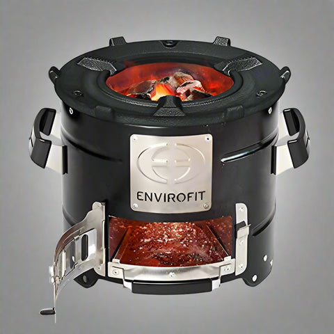 Portable charcoal stove for outdoor cooking

Compact camping stove for wood or charcoal

Lightweight stove in backyard grill setup

Charcoal-burning camp stove in use

Dual-fuel stove with steel body design