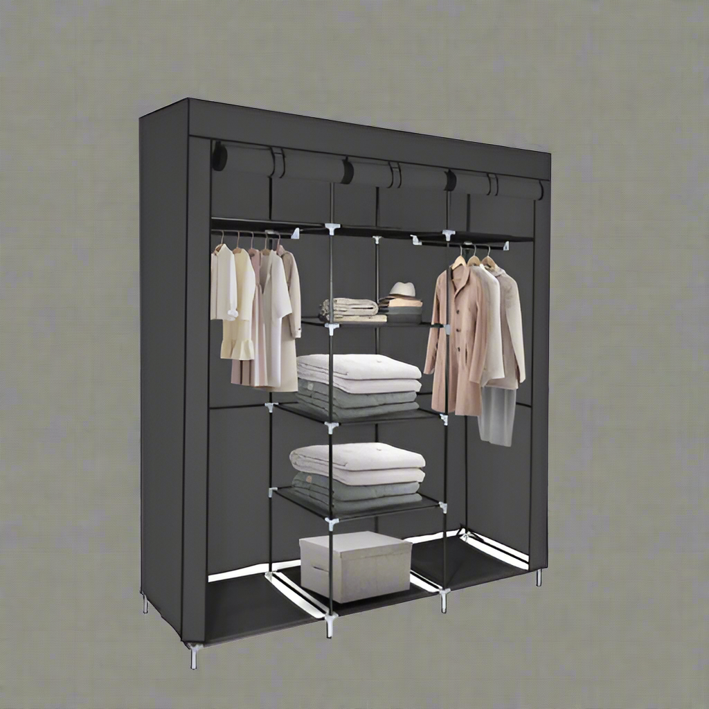 Portable Fabric Wardrobe Closet – Front View

Black 9-Shelf Fabric Closet Organizer – Assembled

Interior Layout Showing Hanging Rods and Shelves

Foldable Closet Organizer – Zipper Cover Open

Fabric Wardrobe in Bedroom Setting