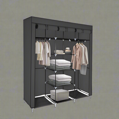 Portable Fabric Wardrobe Closet – Front View

Black 9-Shelf Fabric Closet Organizer – Assembled

Interior Layout Showing Hanging Rods and Shelves

Foldable Closet Organizer – Zipper Cover Open

Fabric Wardrobe in Bedroom Setting