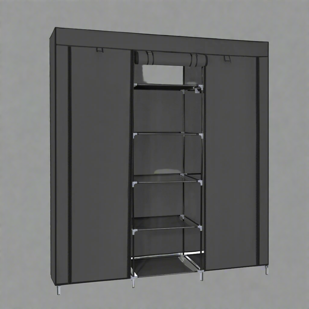 Portable Fabric Wardrobe Closet – Front View

Black 9-Shelf Fabric Closet Organizer – Assembled

Interior Layout Showing Hanging Rods and Shelves

Foldable Closet Organizer – Zipper Cover Open

Fabric Wardrobe in Bedroom Setting