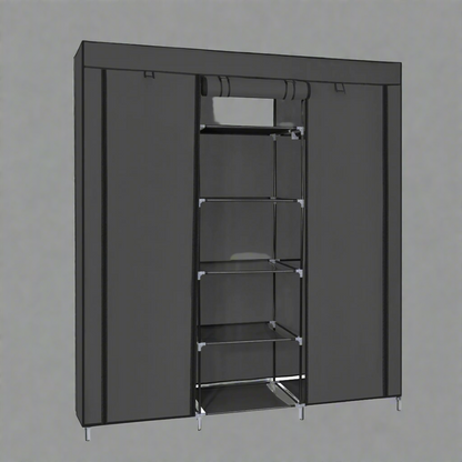Portable Fabric Wardrobe Closet – Front View

Black 9-Shelf Fabric Closet Organizer – Assembled

Interior Layout Showing Hanging Rods and Shelves

Foldable Closet Organizer – Zipper Cover Open

Fabric Wardrobe in Bedroom Setting