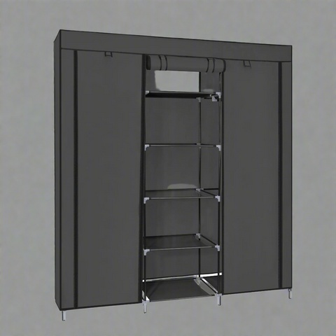 Portable Fabric Wardrobe Closet – Front View

Black 9-Shelf Fabric Closet Organizer – Assembled

Interior Layout Showing Hanging Rods and Shelves

Foldable Closet Organizer – Zipper Cover Open

Fabric Wardrobe in Bedroom Setting