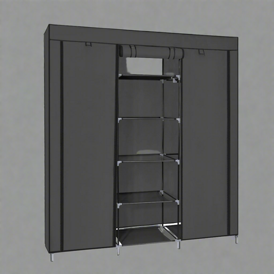Portable Fabric Wardrobe Closet – Front View

Black 9-Shelf Fabric Closet Organizer – Assembled

Interior Layout Showing Hanging Rods and Shelves

Foldable Closet Organizer – Zipper Cover Open

Fabric Wardrobe in Bedroom Setting