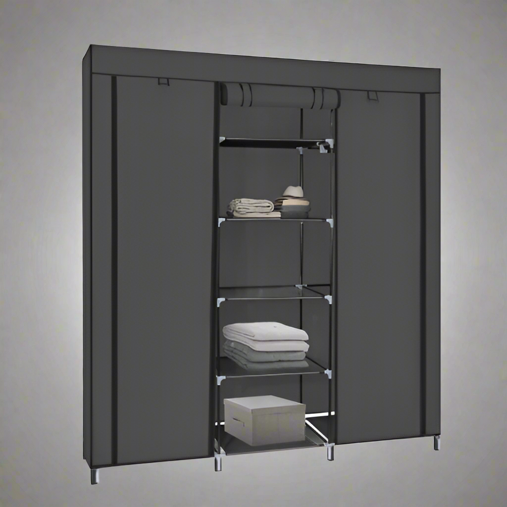 Portable Fabric Wardrobe Closet – Front View

Black 9-Shelf Fabric Closet Organizer – Assembled

Interior Layout Showing Hanging Rods and Shelves

Foldable Closet Organizer – Zipper Cover Open

Fabric Wardrobe in Bedroom Setting