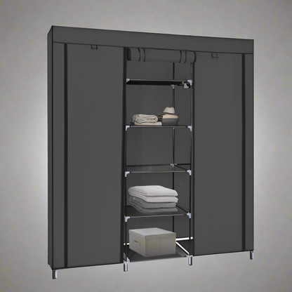Portable Fabric Wardrobe Closet – Front View

Black 9-Shelf Fabric Closet Organizer – Assembled

Interior Layout Showing Hanging Rods and Shelves

Foldable Closet Organizer – Zipper Cover Open

Fabric Wardrobe in Bedroom Setting