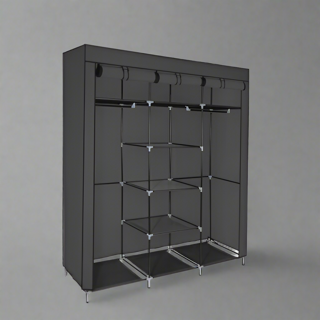 Portable Fabric Wardrobe Closet – Front View

Black 9-Shelf Fabric Closet Organizer – Assembled

Interior Layout Showing Hanging Rods and Shelves

Foldable Closet Organizer – Zipper Cover Open

Fabric Wardrobe in Bedroom Setting