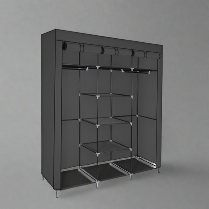 Portable Fabric Wardrobe Closet – Front View

Black 9-Shelf Fabric Closet Organizer – Assembled

Interior Layout Showing Hanging Rods and Shelves

Foldable Closet Organizer – Zipper Cover Open

Fabric Wardrobe in Bedroom Setting