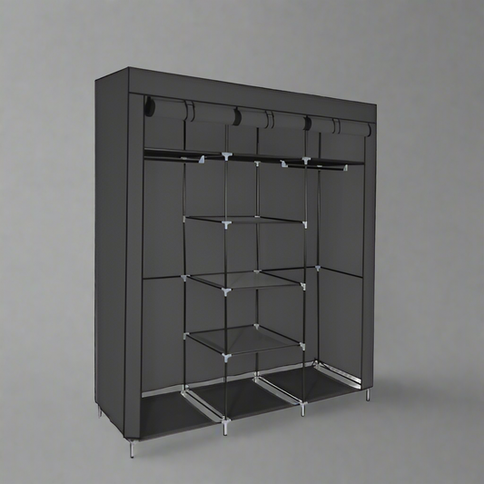 Portable Fabric Wardrobe Closet – Front View

Black 9-Shelf Fabric Closet Organizer – Assembled

Interior Layout Showing Hanging Rods and Shelves

Foldable Closet Organizer – Zipper Cover Open

Fabric Wardrobe in Bedroom Setting