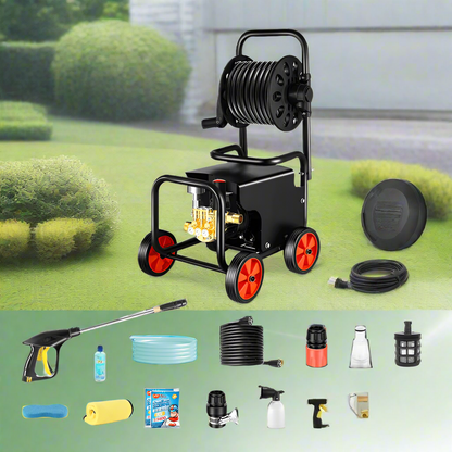 Portable 2800W pressure washer with spray gun and wheels
Electric power washer with foam cannon and hose accessories
High-pressure cleaning machine for garden and car washing
140 bar pressure washer with adjustable nozzles and detergent tank
Compact portable pressure washer for home exterior cleaning