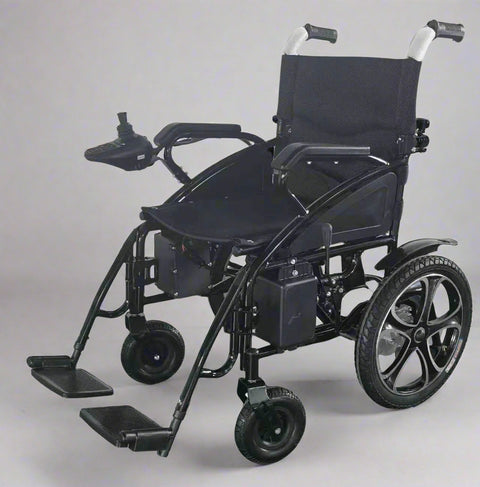 Lightweight foldable electric wheelchair with dual motors
Portable travel-ready wheelchair with aluminum frame and joystick control
Compact electric wheelchair folded in car trunk