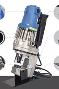 Portable hydraulic metal puncher – front view

Interchangeable dies for electric punch tool

Electric metal punching machine in use

10-ton electric hydraulic puncher – full set layout

