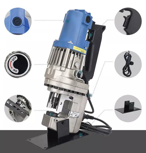 Portable hydraulic metal puncher – front view

Interchangeable dies for electric punch tool

Electric metal punching machine in use

10-ton electric hydraulic puncher – full set layout


