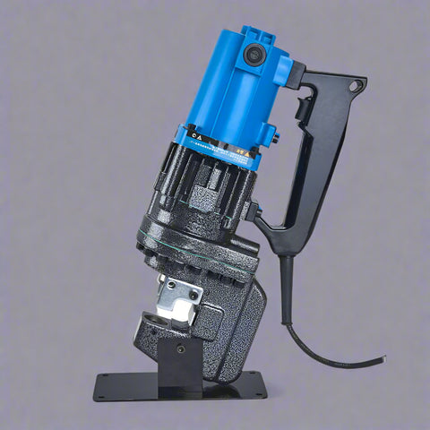 Portable hydraulic metal puncher – front view

Interchangeable dies for electric punch tool

Electric metal punching machine in use

10-ton electric hydraulic puncher – full set layout

