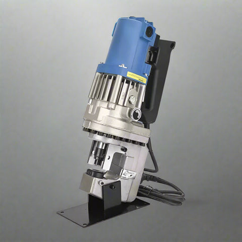 Portable hydraulic metal puncher – front view

Interchangeable dies for electric punch tool

Electric metal punching machine in use

10-ton electric hydraulic puncher – full set layout

