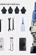 Portable hydraulic metal puncher – front view

Interchangeable dies for electric punch tool

Electric metal punching machine in use

10-ton electric hydraulic puncher – full set layout


