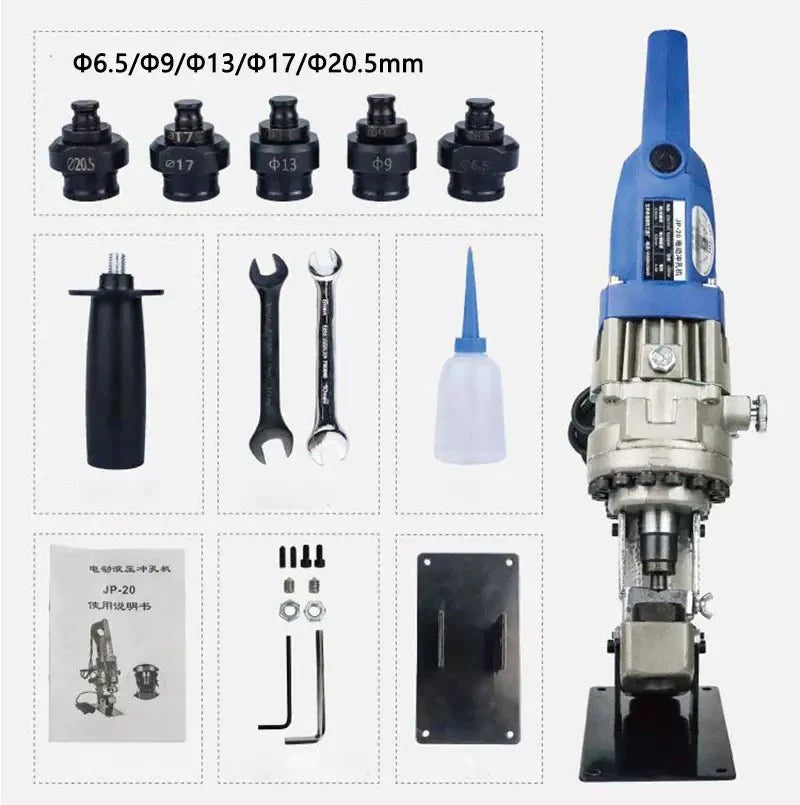 Portable hydraulic metal puncher – front view

Interchangeable dies for electric punch tool

Electric metal punching machine in use

10-ton electric hydraulic puncher – full set layout

