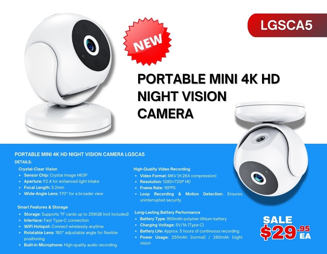 "Mini 4K HD Wireless Night Vision Security Camera"

"Compact Portable Camera with 180 Degree Rotating Lens"

"Motion Detection WiFi Surveillance Camera for Home"

"Hidden Mini Spy Camera with Night Vision and USB Charging"

"Portable 4K HD Night Vision Camera for Travel and Security"
