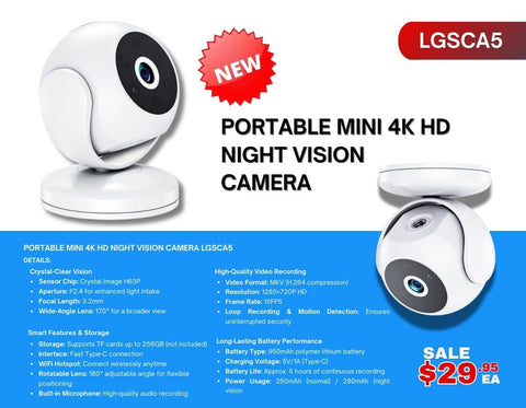 "Mini 4K HD Wireless Night Vision Security Camera"

"Compact Portable Camera with 180 Degree Rotating Lens"

"Motion Detection WiFi Surveillance Camera for Home"

"Hidden Mini Spy Camera with Night Vision and USB Charging"

"Portable 4K HD Night Vision Camera for Travel and Security"