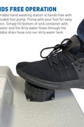 “Portable outdoor sink with foot pump and soap dispenser”

“Camping sink with 19L tank and wheels for transport”

“Foot-operated hand washing station for outdoor use”

“Self-contained camping sink system for hygiene and sanitation”

“Mobile sink with carry handle, water tank, and foot pedal”
