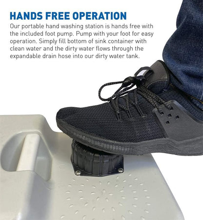“Portable outdoor sink with foot pump and soap dispenser”

“Camping sink with 19L tank and wheels for transport”

“Foot-operated hand washing station for outdoor use”

“Self-contained camping sink system for hygiene and sanitation”

“Mobile sink with carry handle, water tank, and foot pedal”